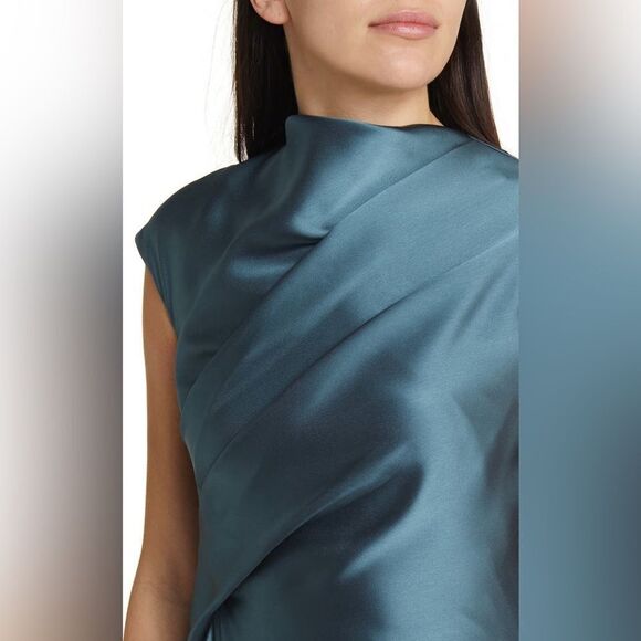 Amsale NWT Draped Satin Asymmetric Cocktail Dress in Petrol Size 12 MSRP $595 - Picture 5 of 11